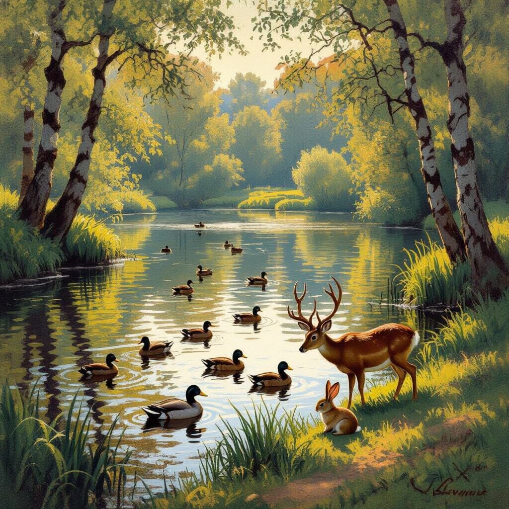 Tranquil Lakeside Wildlife Scene in Impressionistic Style