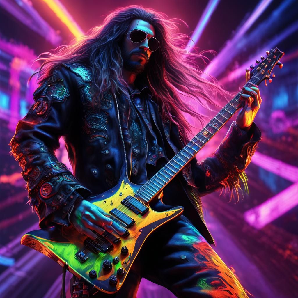 Rocker with Electric Guitar in Neon Ambiance