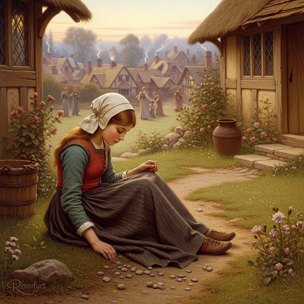 Medieval Girl Gathering Pebbles by Rustic Cottage