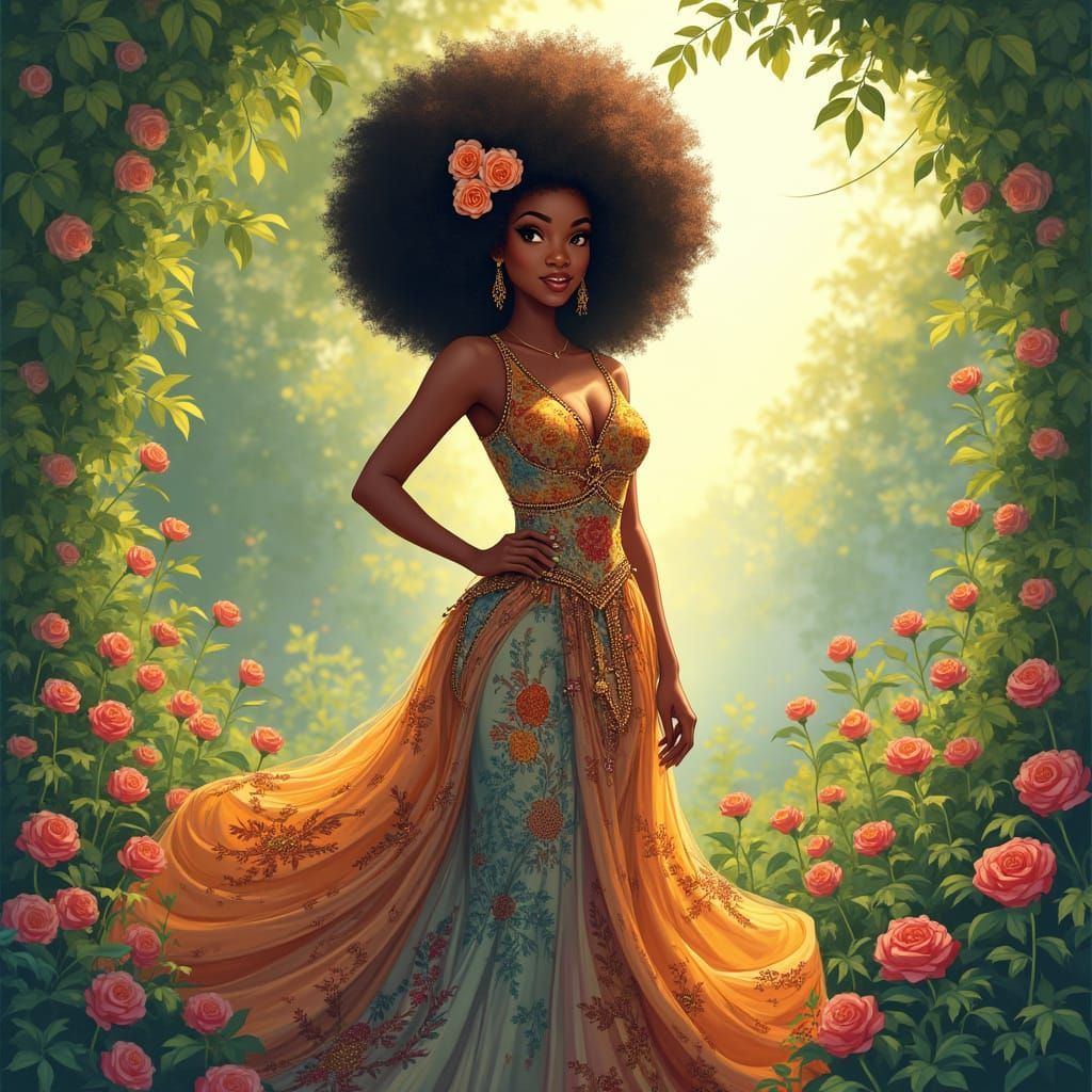 Black Woman in Floral Afro, Art Nouveau Anime Style