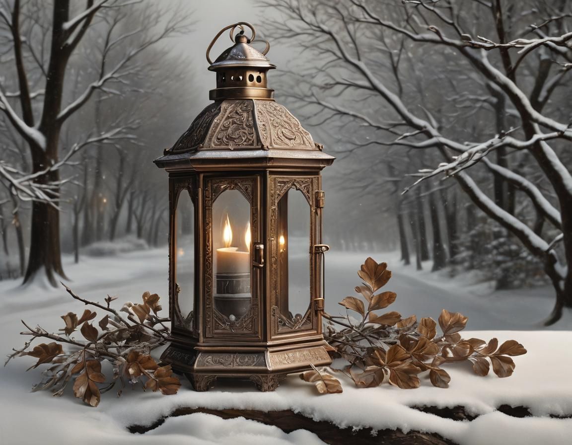 Rustic Lantern in Snow, Hyperrealistic Charcoal Drawing