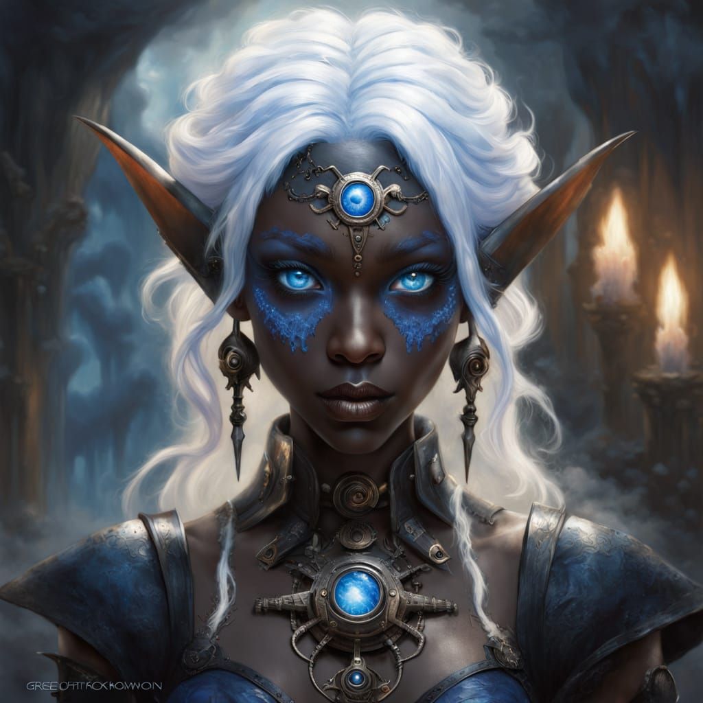 Sinister Elf with Blue Eyes in Ethereal Mist