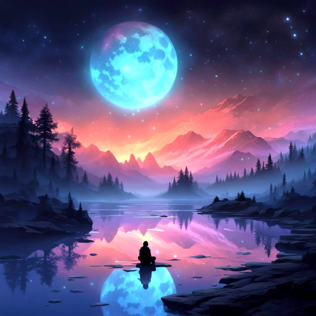 Mystical Boy on Crescent Moon Amidst Starry Holographic Sea