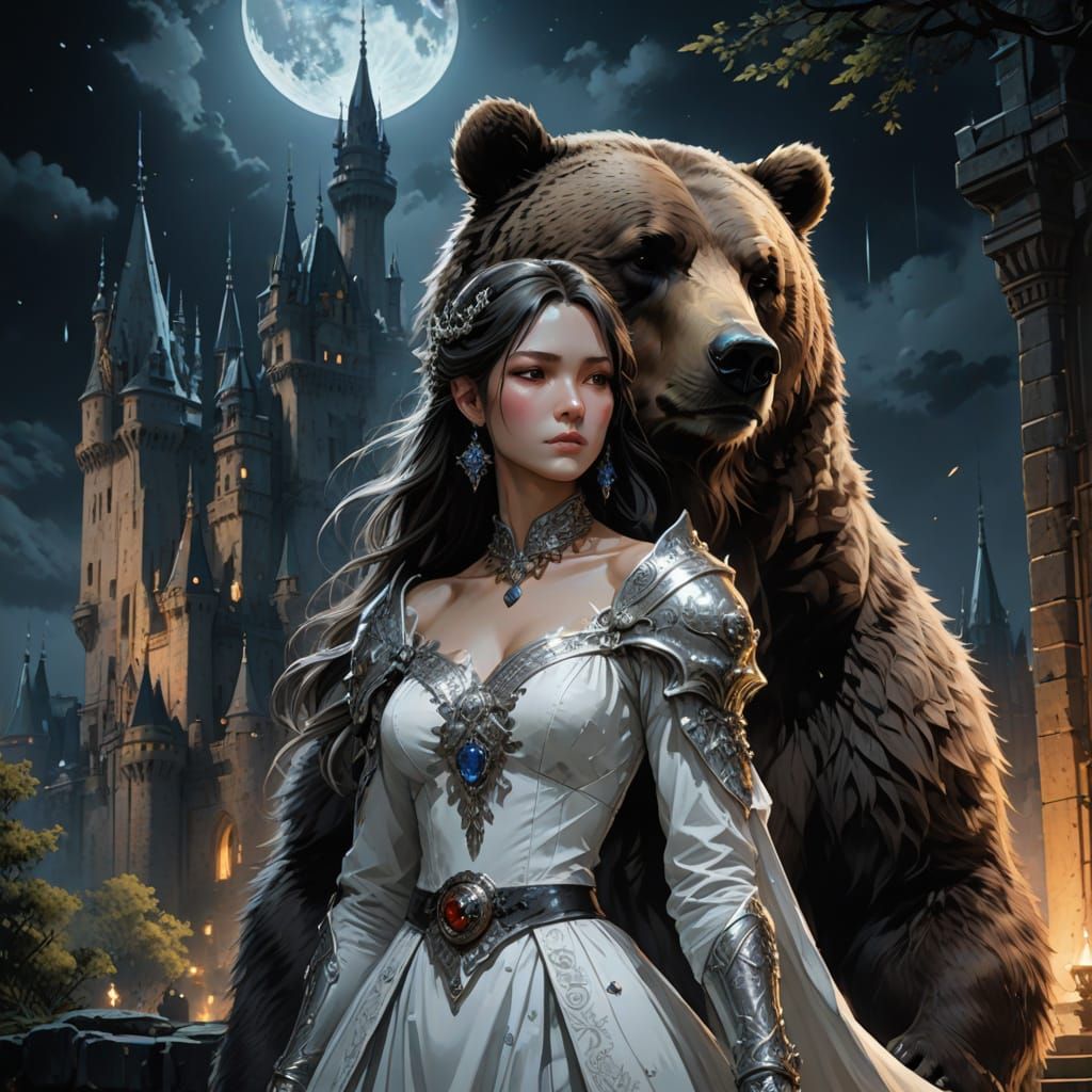 A beautiful young witch with her  Grizzly Bear at a castle in moonlight
