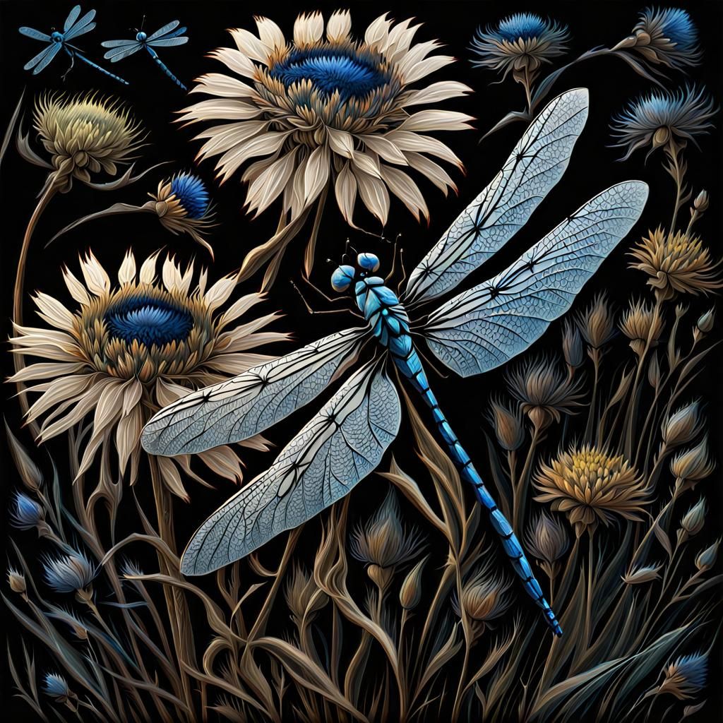 Dragonflies and Flowers on Blackened Metal Folk Art