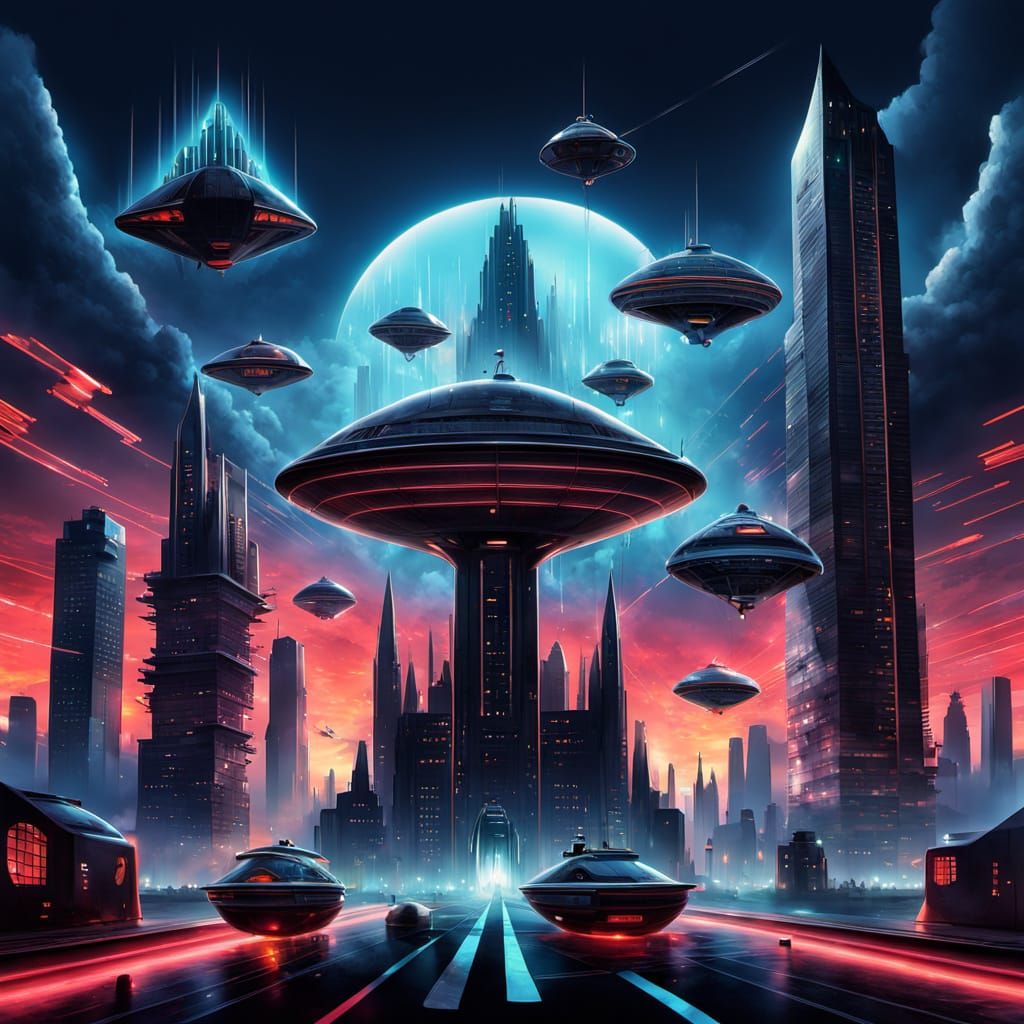 Futuristic Metropolis at Dusk in a Cinematic Style