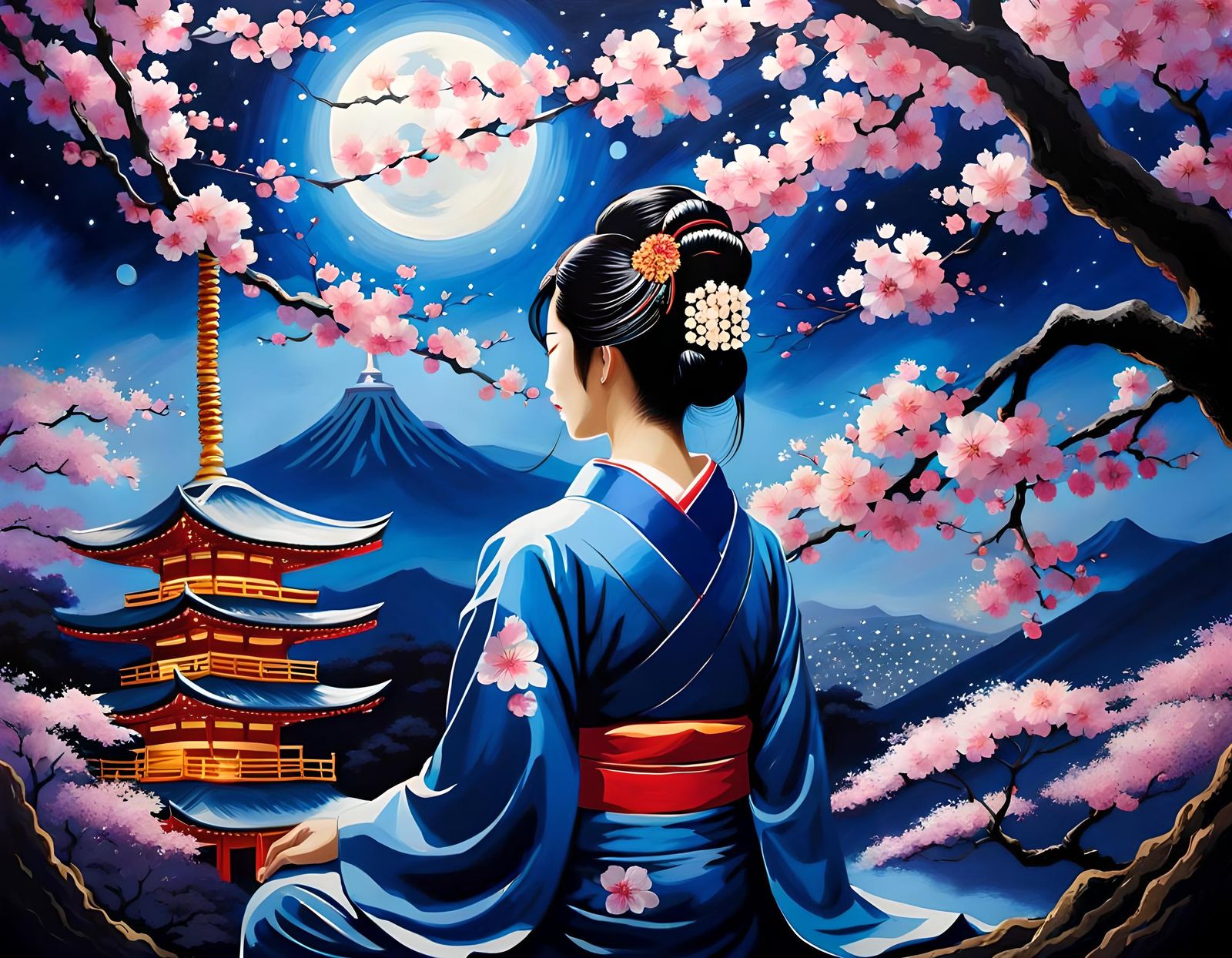 Geisha Meditating Under Sakura Tree: Impasto Oil Painting