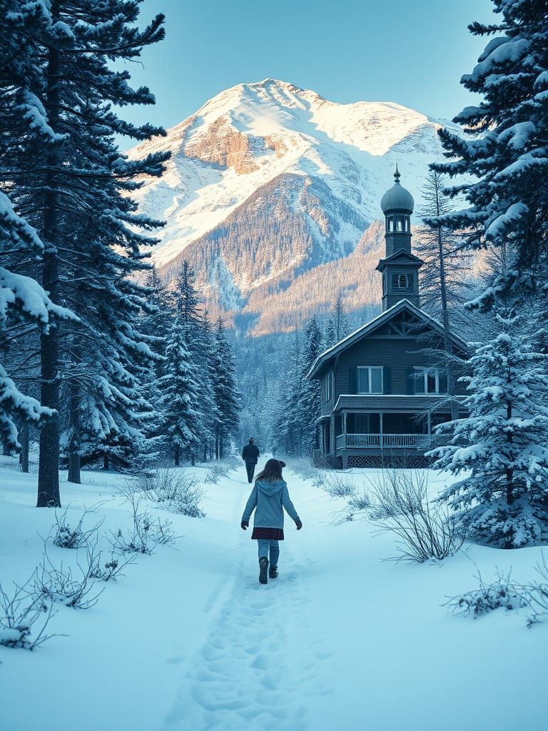 Winter Village Scene in Double Exposure Style