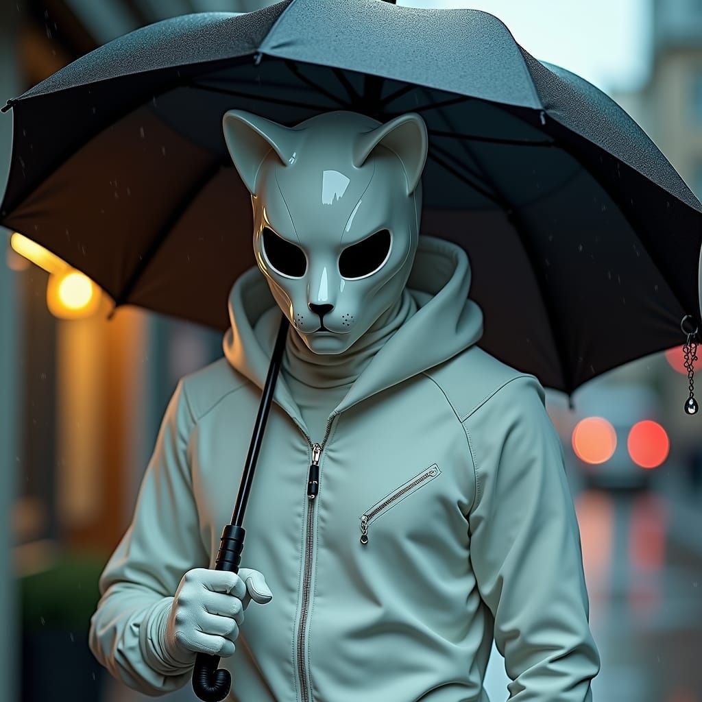 Eerie Cat-Person with Umbrella in Futuristic Style