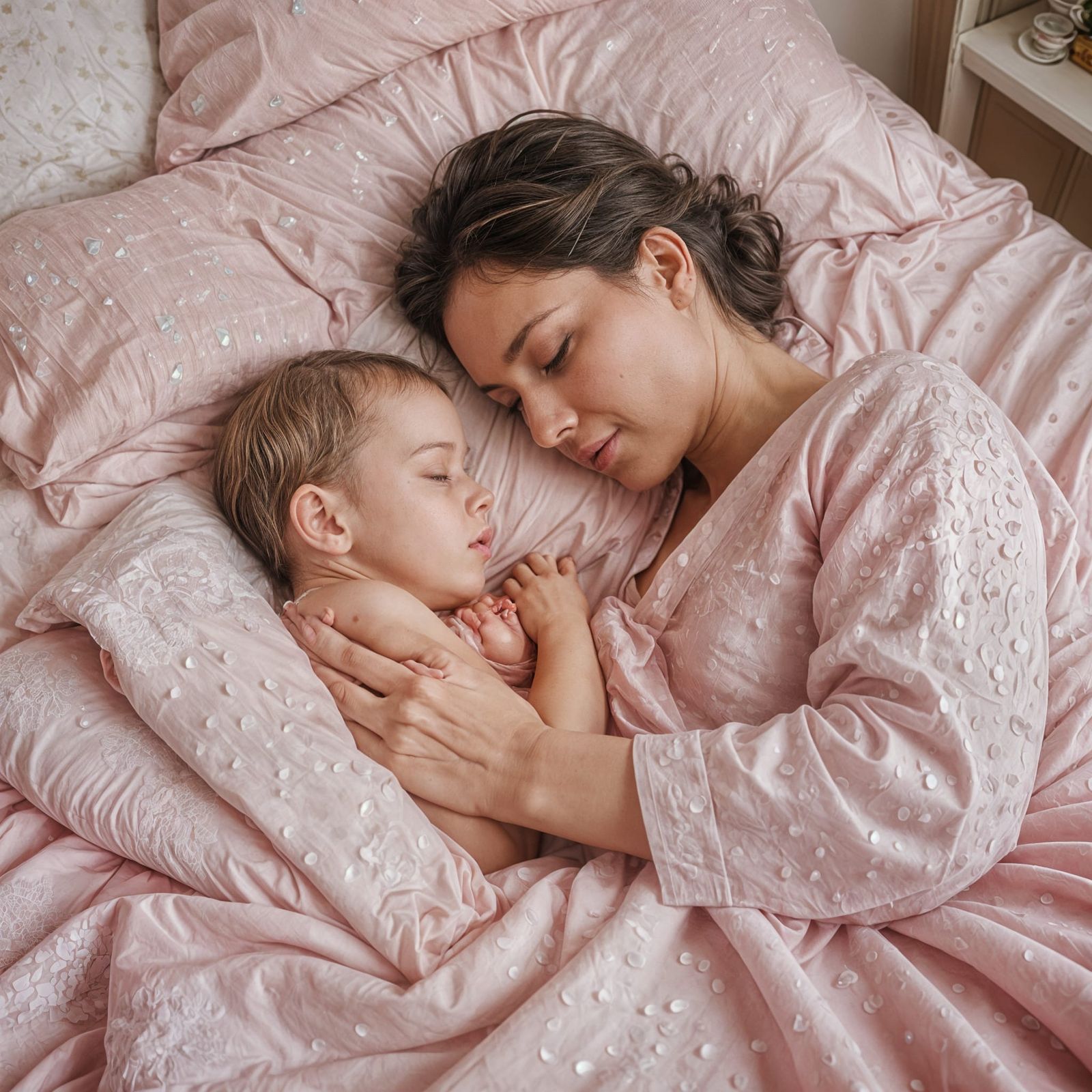 Mother and Baby Sleeping in Pastel Pink