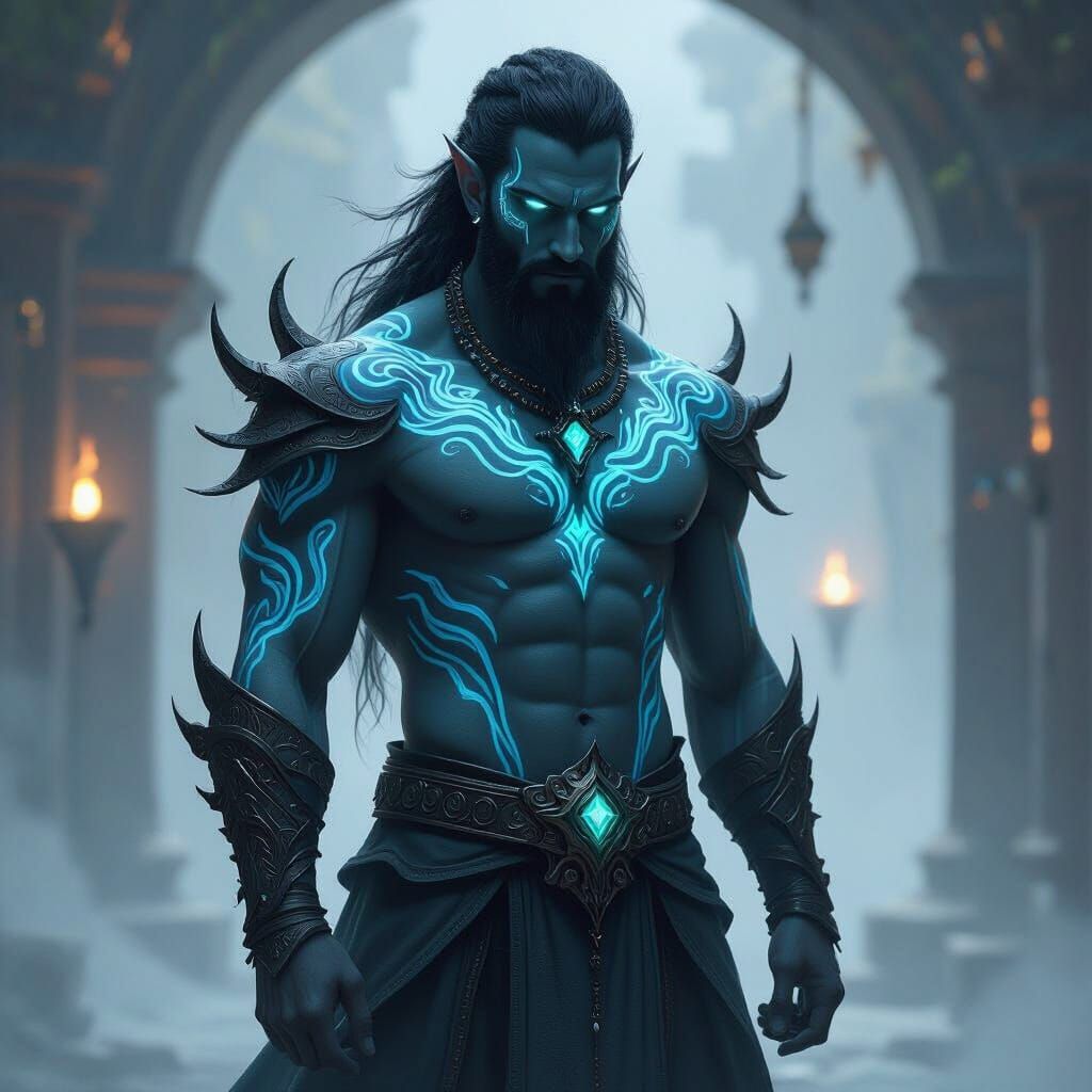 Triton Scholar with Bioluminescent Tattoos in Dark Fantasy S...