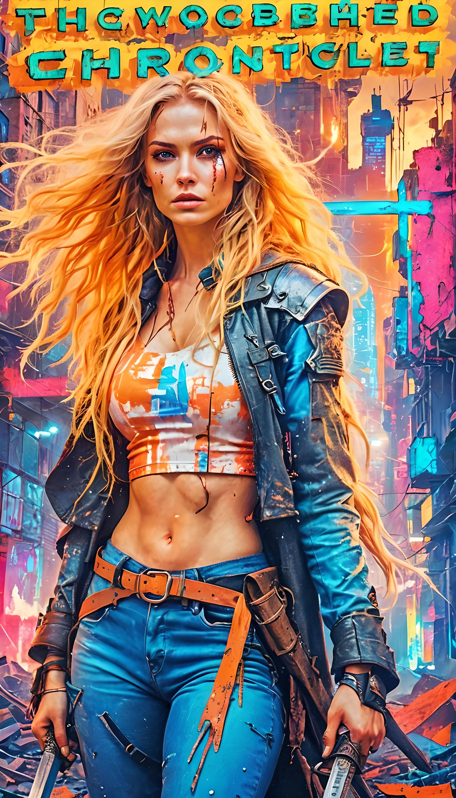 Beautiful Woman Warrior with Swords in Neon Style