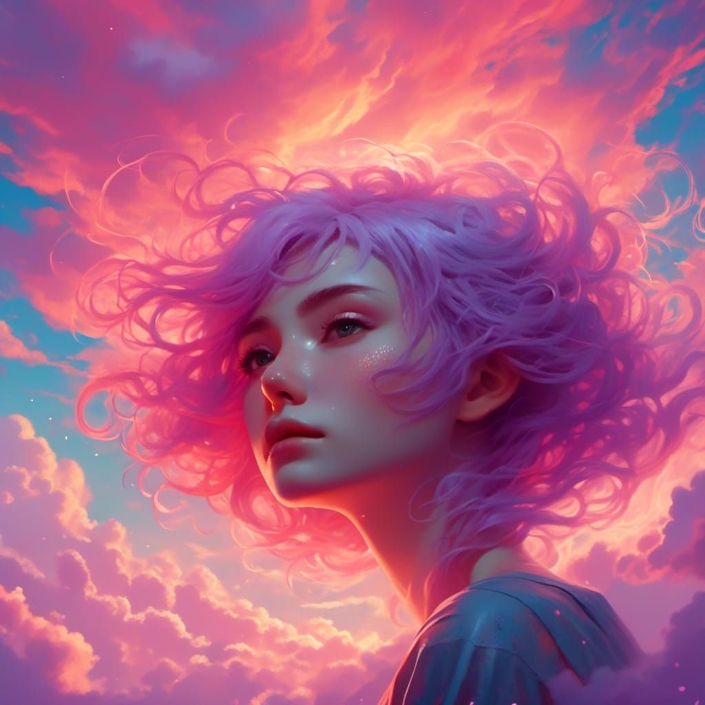Ethereal Woman Blending Into Sunset Clouds