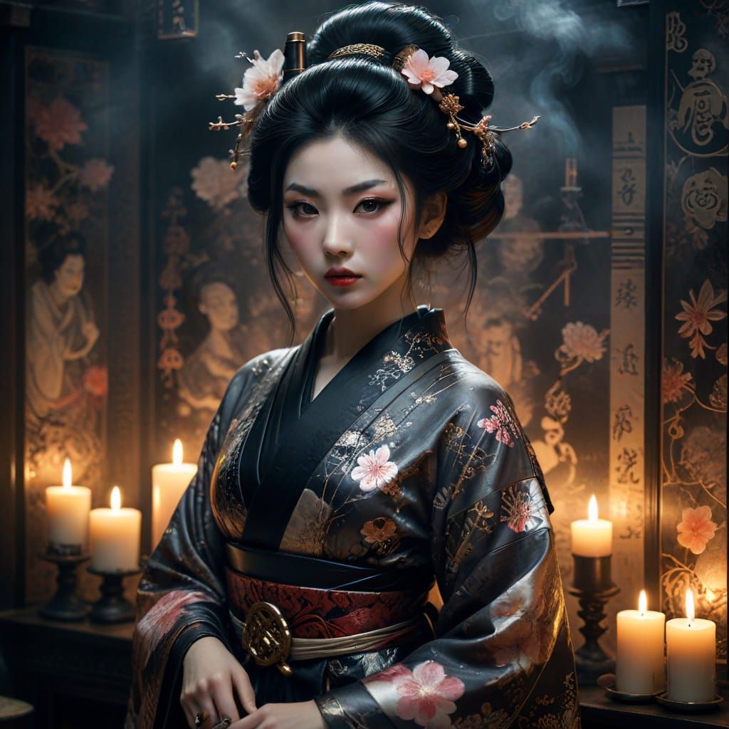 Gothic Geisha in Mysterious, Smoke-Filled Chamber