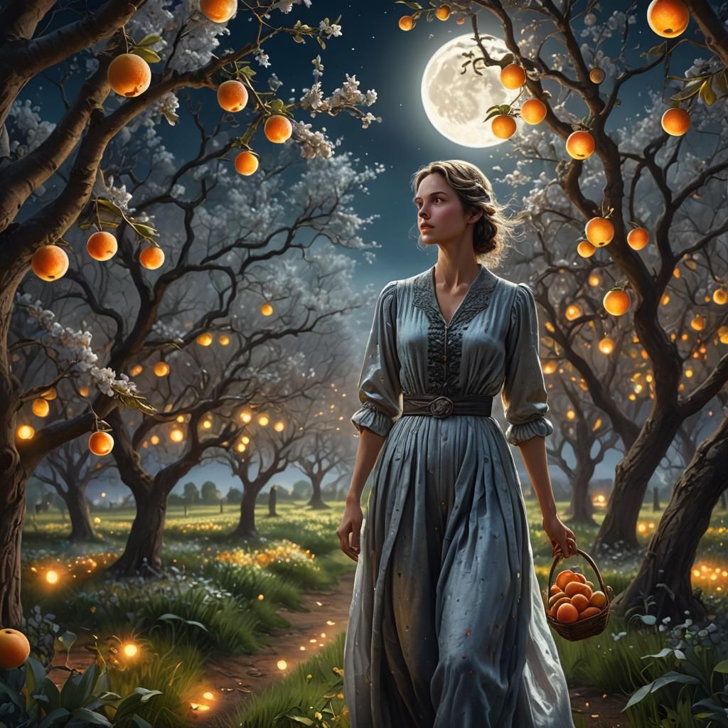 Mystical Orchard Under Moonlight: Fantasy Concept Art