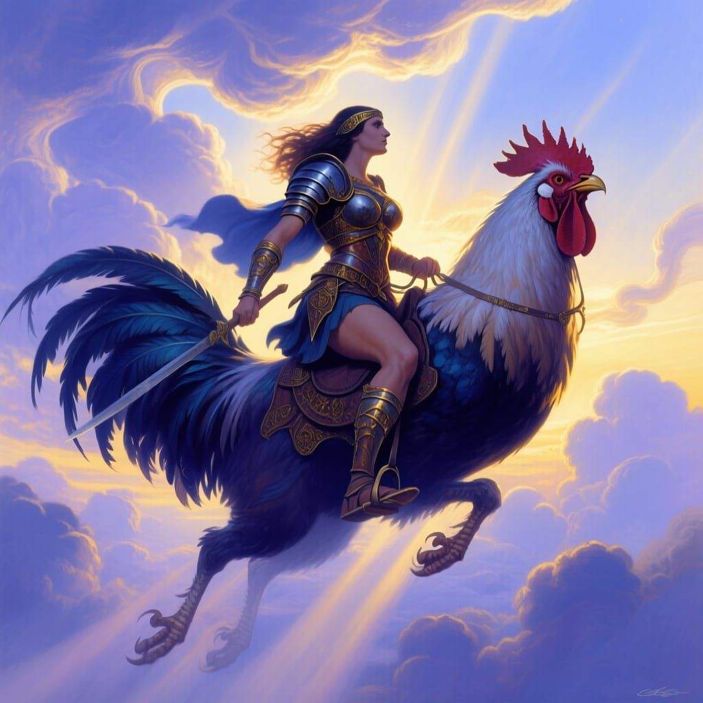 Ancient Warrior Rides Giant War Chicken Through Cloudy Sky