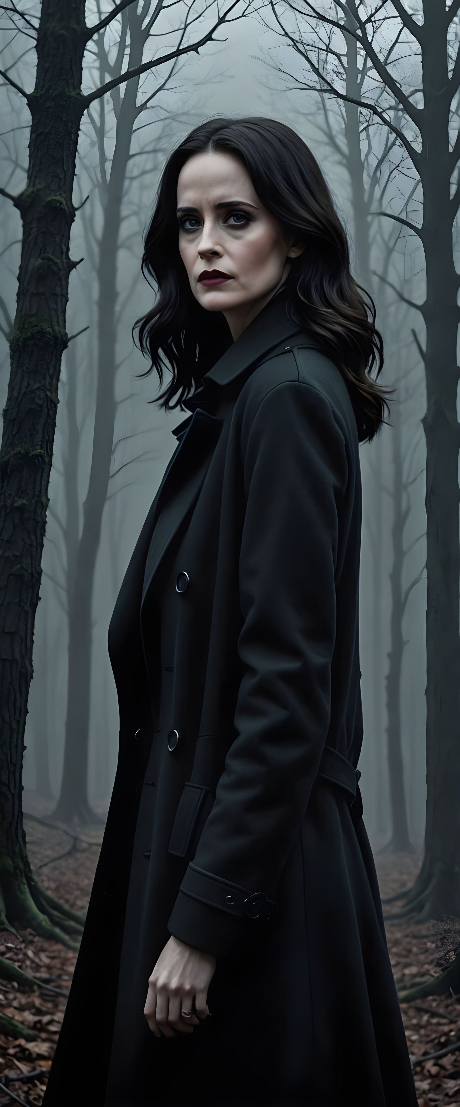 Noir Portrait of a Woman in Misty Forest