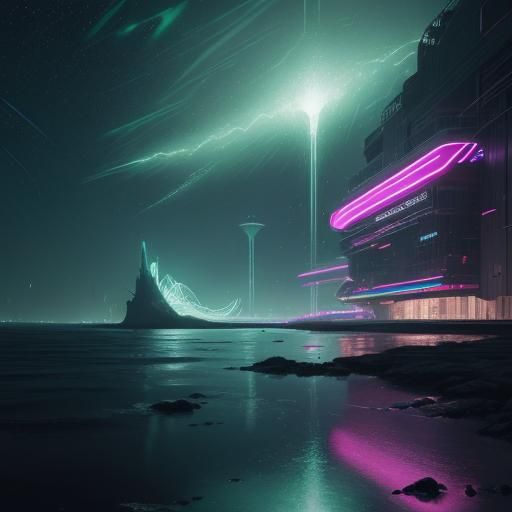 Cyber Seagull on Stone at Night in Cyberpunk Style