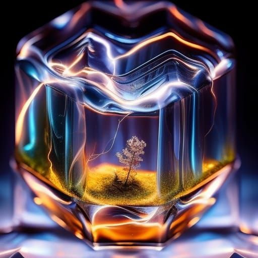 World in Glass Cube with Electricity: Digital Art