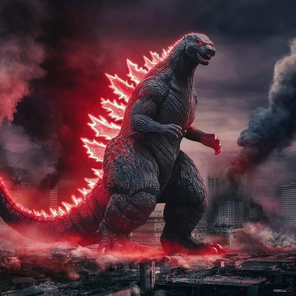 Red Bioluminescent Godzilla Roars Over Burning City