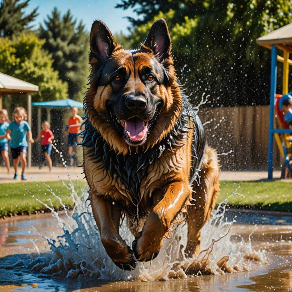 German Shepherd Dog Plays in Water Splash Park on Sunny Day