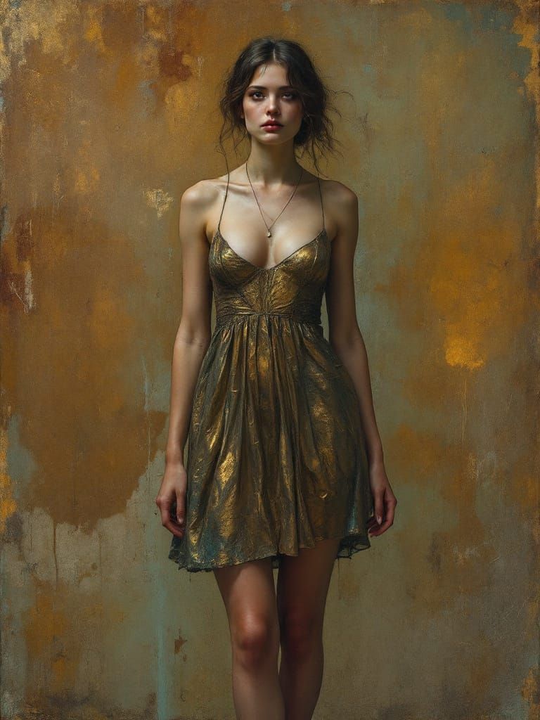 Golden Pin-Up Woman in Textured Metallic Decay