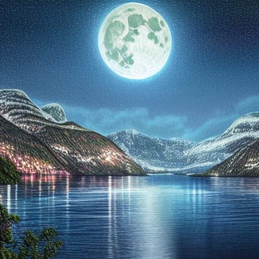 Iridescent Moonlit Fjord Nightscape in Pastel Colors