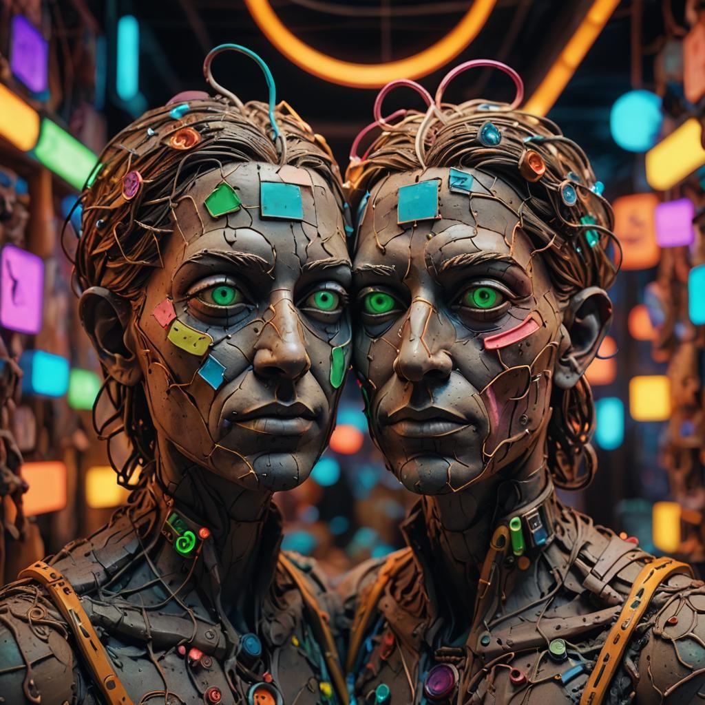 Surreal Neon Doppelgänger Sculpture Exploring Identity