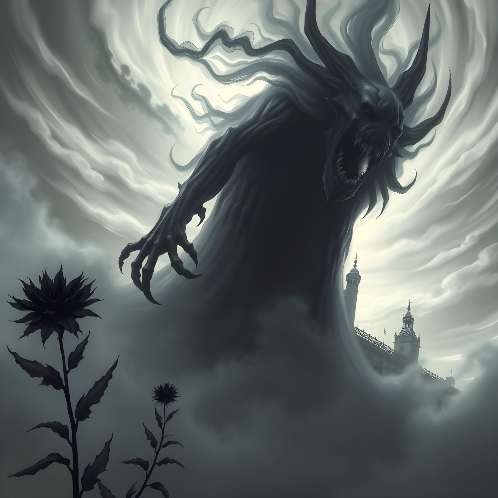 Haunting Spectre in Fog with Shadow Flowers