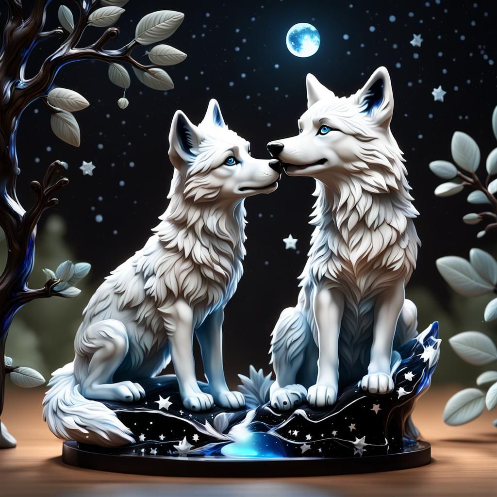 Enameled Glass Wolves Gazing at Stars in 3D