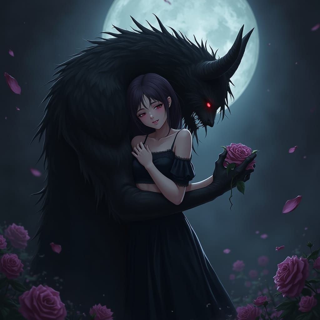 Anime-Style Woman Embraced by Shadow and Roses