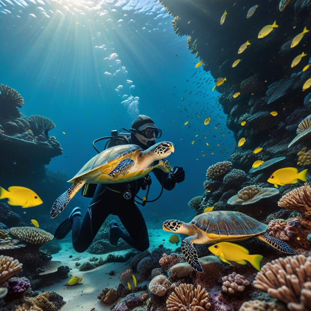 Diver Captures Iridescent Fish Over Turtle