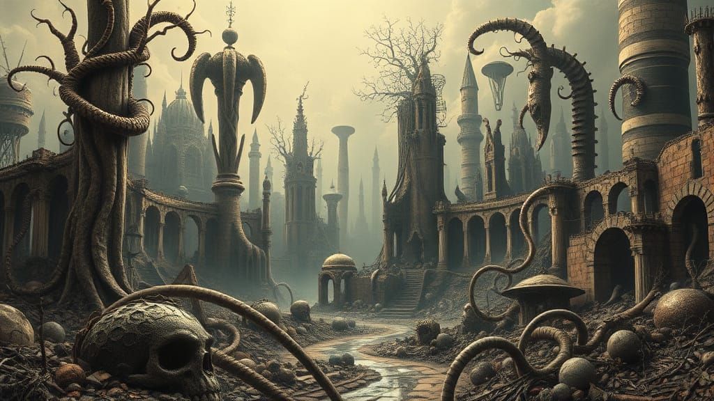 Eerie Surrealist Graveyard Landscape as Pencil Drawing