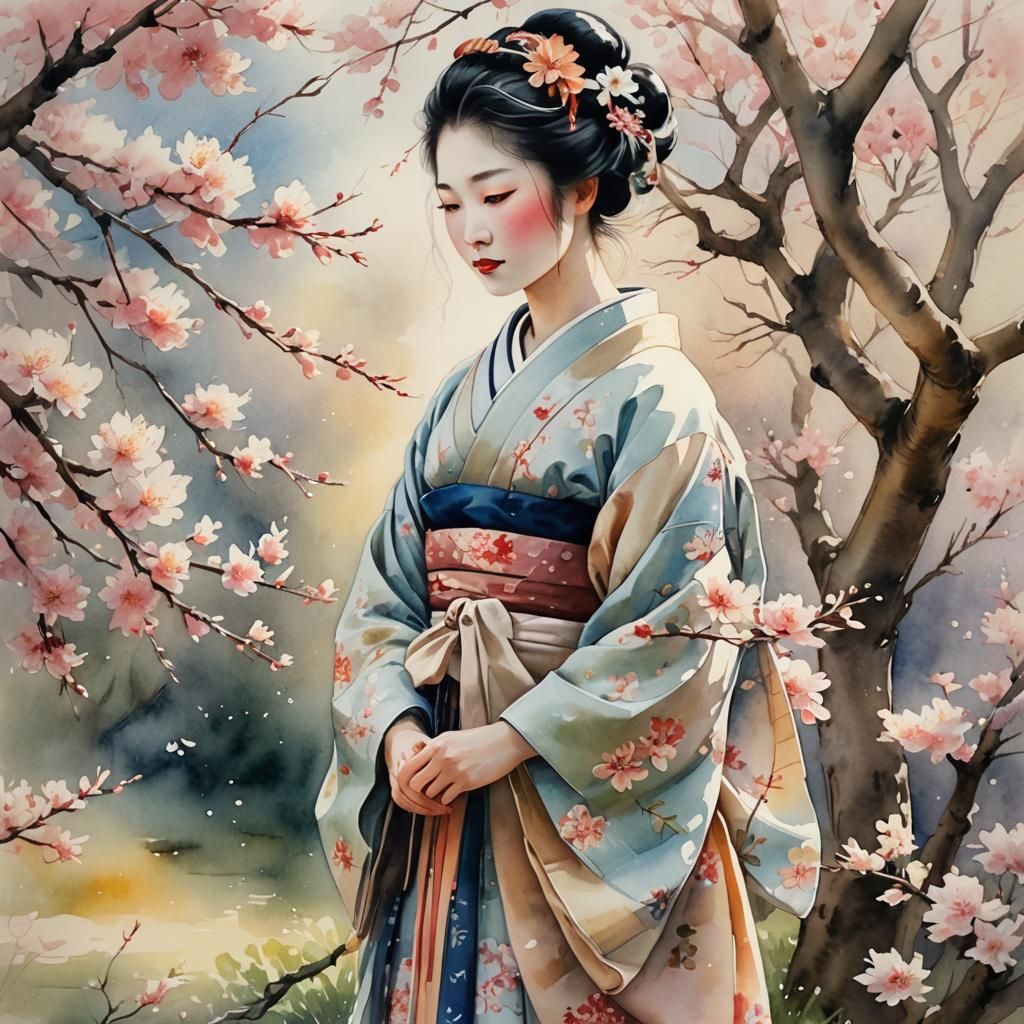 Whimsical Geisha in a Blossoming Watercolour Wonderland