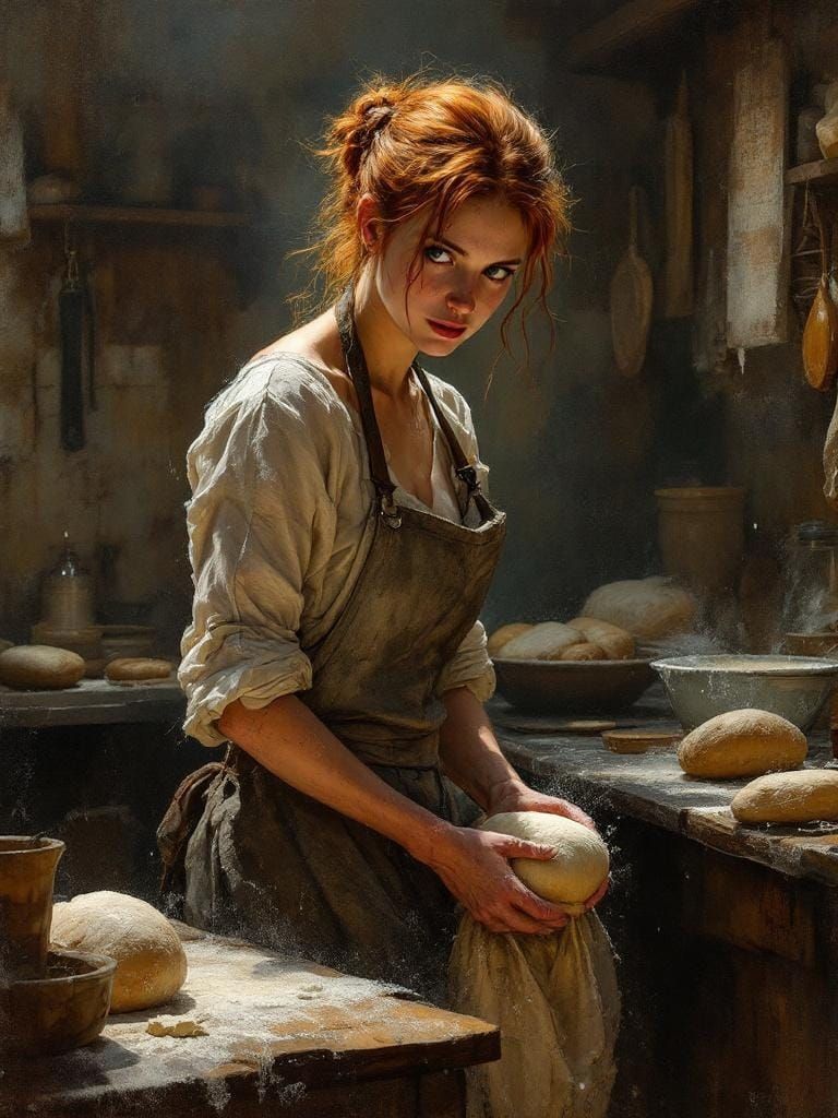 Redhead Baker in Film Noir Style with Luminous Forms