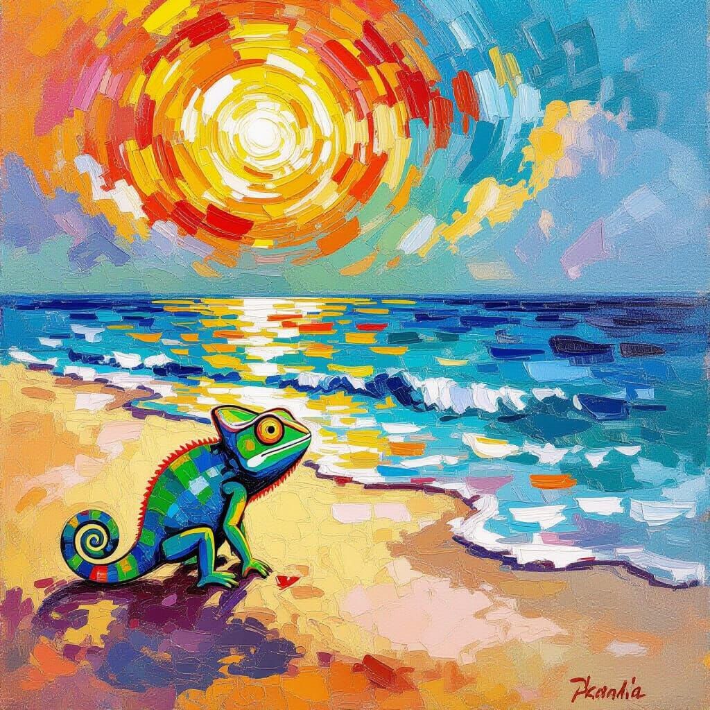 Chameleon on Tropical Beach Under Multicolor Sun