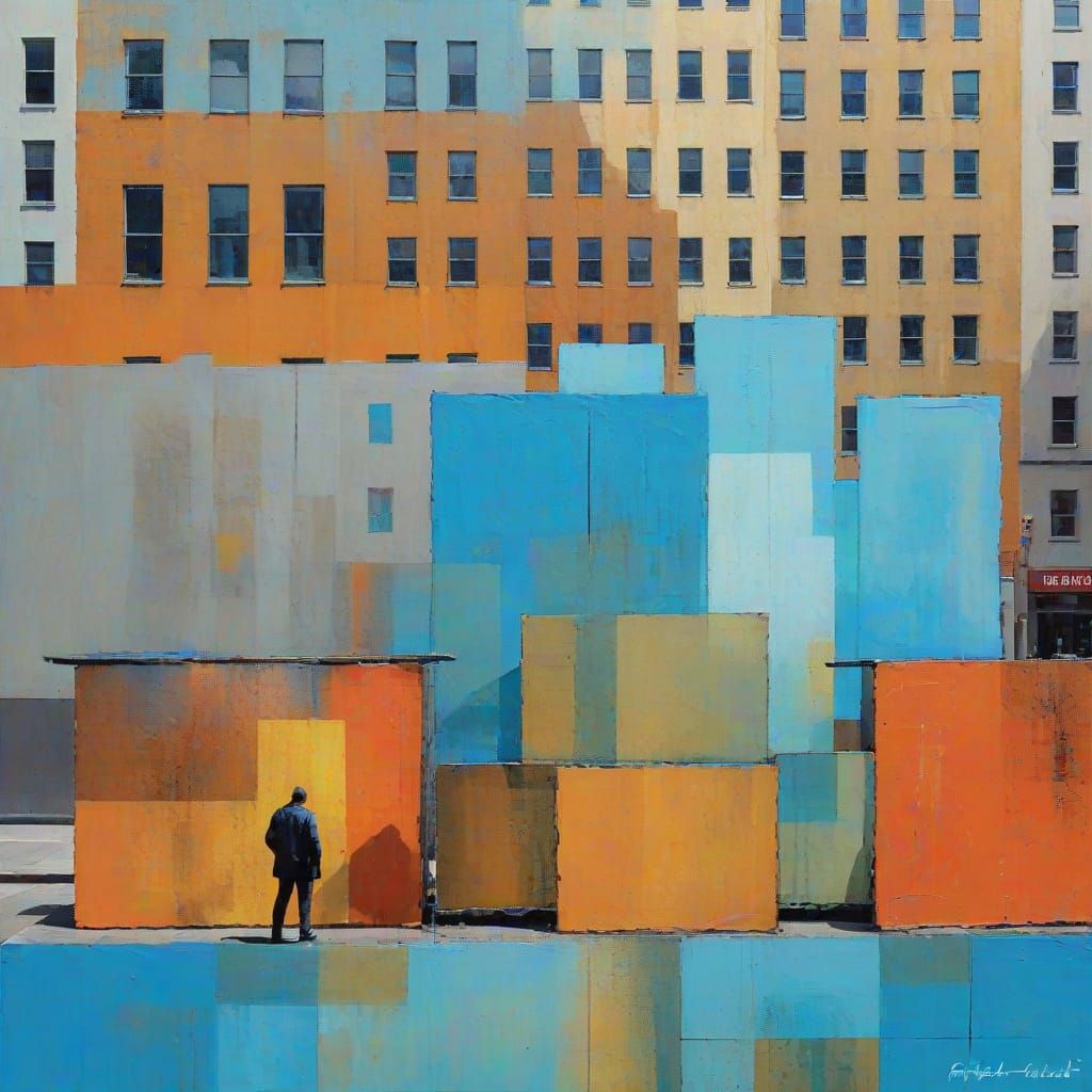 Urban Landscape with Blue Sculpture, Mixed Media Art