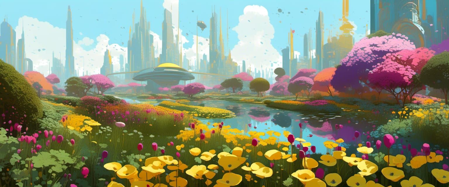 Retro-Futuristic Garden Metropolis in Digital Illustration