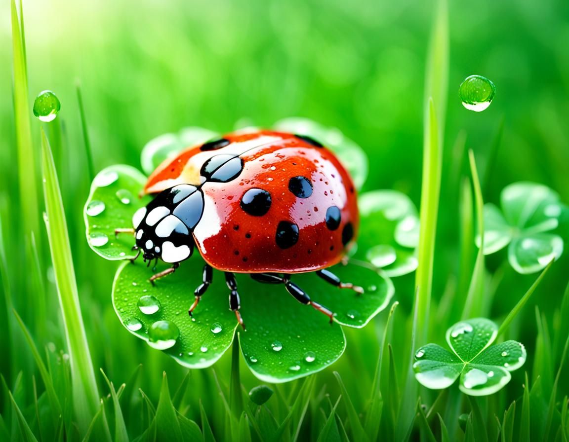 Ladybug is Crawling On a Four-leaf Clover With Dew on It in ...