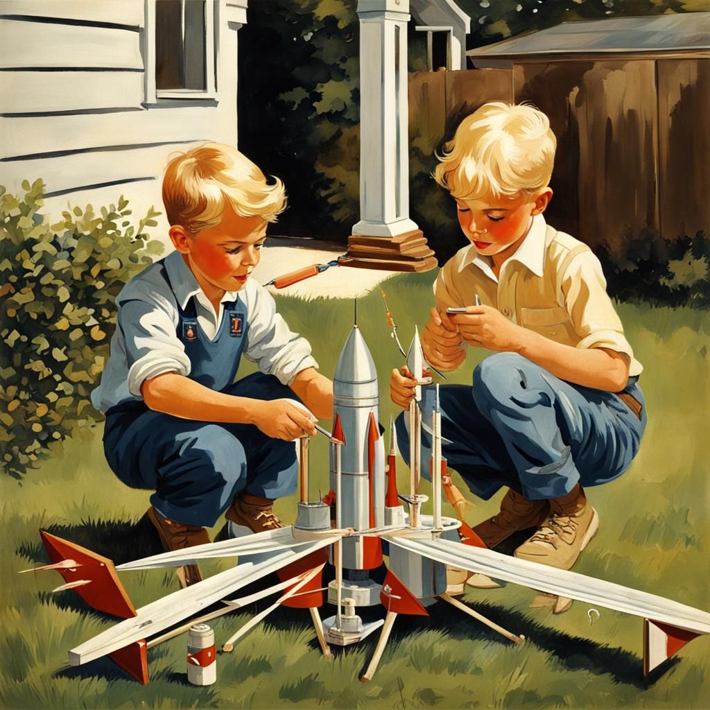 Boys Launching Rockets in Rockwell Style