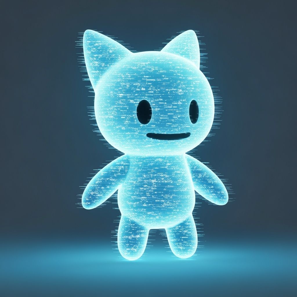 Flickering Electric Blue Creature with Shifting Expressions