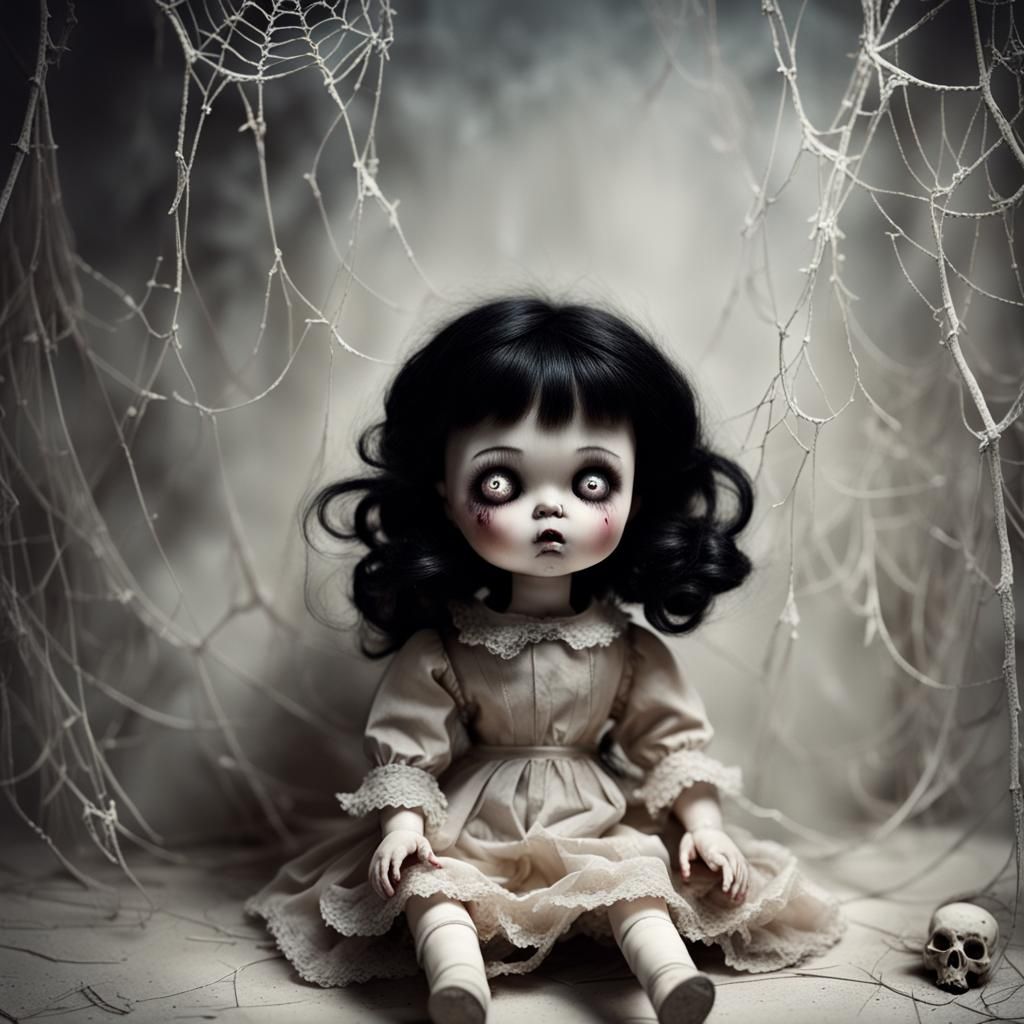 Creepy Antique Doll with Glowing Eyes in Dark Room