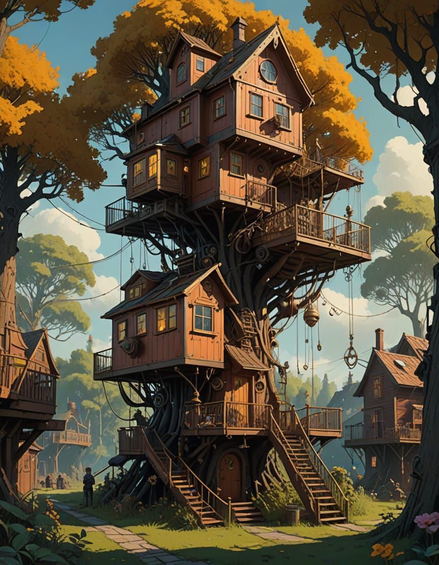 Steampunk Treehouse Scene: Children's Garden Adventure