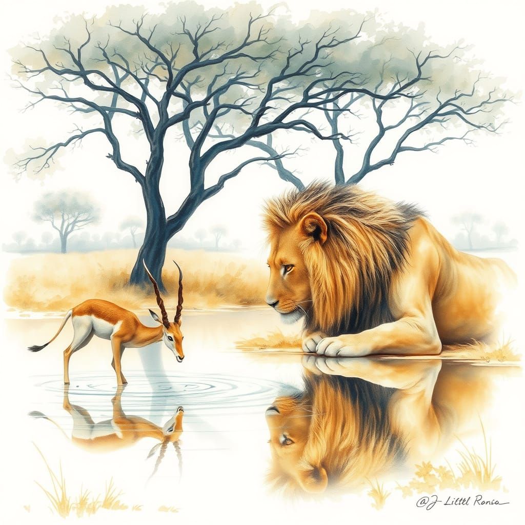 Lion and Gazelle by Serene Lake in Watercolor
