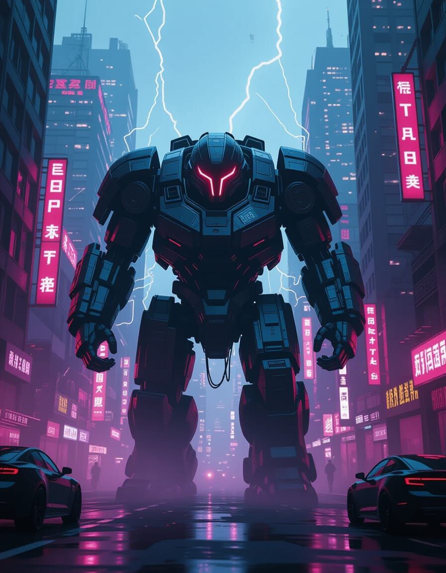 Armored Enforcer Emerges from Void Rift in Neon Dystopian Ci...