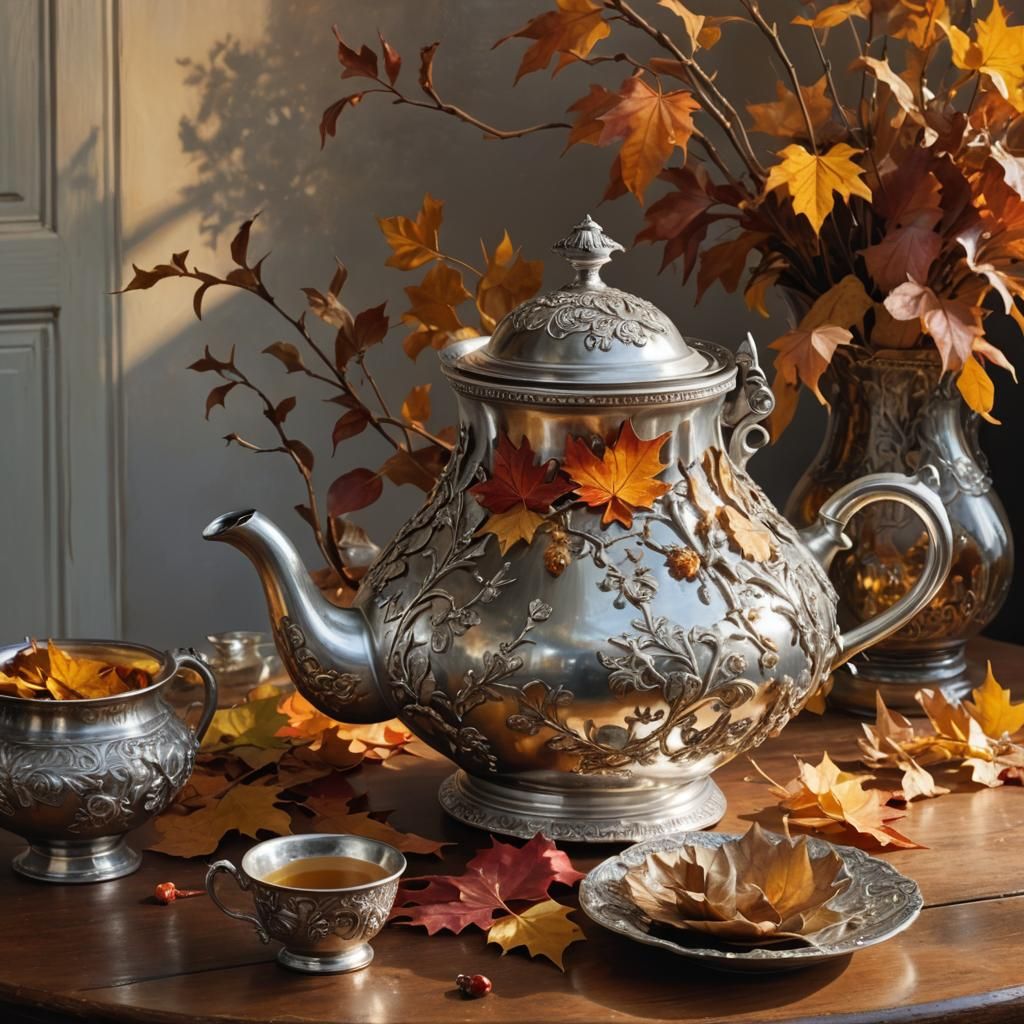 Autumn Landscape Reflected in Ornate Silver Teapot
