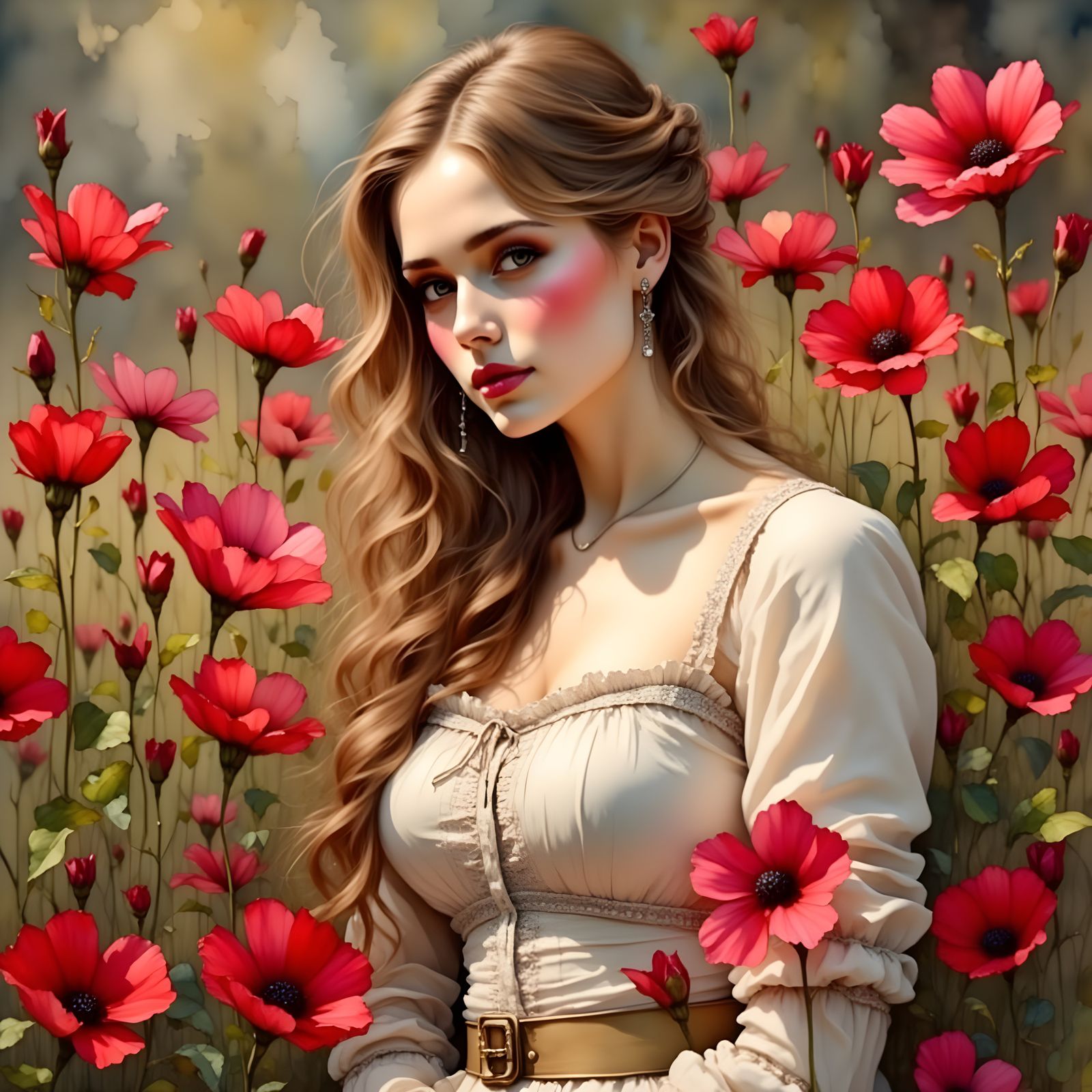 A Curvy Victorian Lady in a Garden Scene, in Oil Painting St...