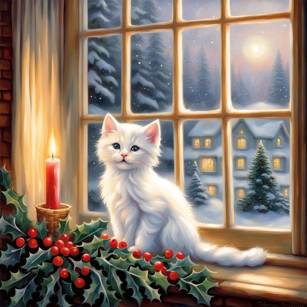Kitten in Window with Winter Village, Kinkade Style