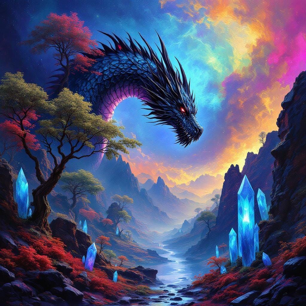 Obsidian Dragon Guarding Crystal Valley: Surreal Art