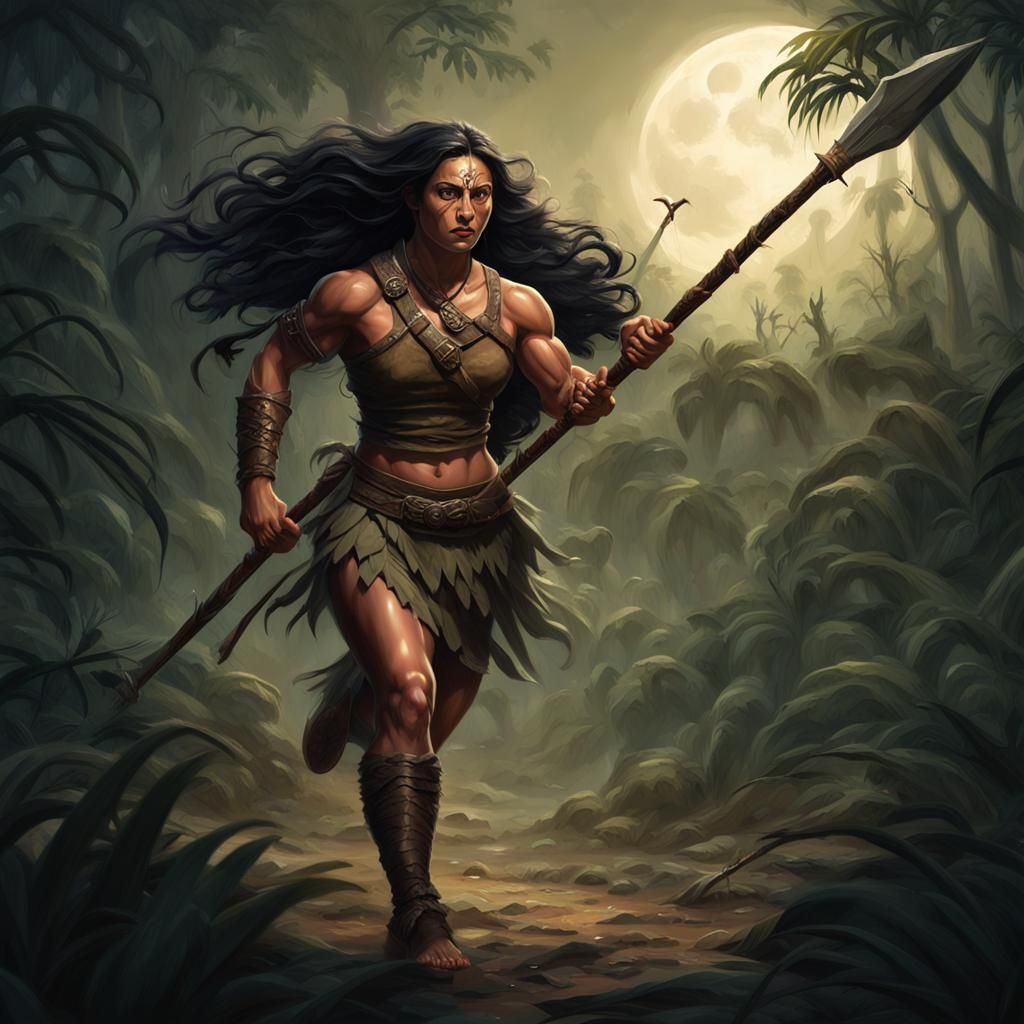Cro-Magnon Huntress in Jungle Moonlight